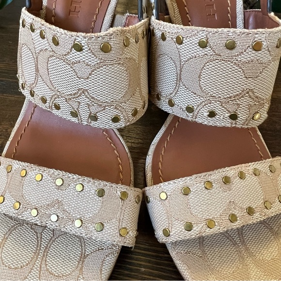 Coach Rylie Beige C Monogram Fabric Studded Leather Block Sandal Heels - Picture 4 of 12